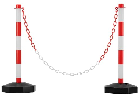 Ikodm 2X Absperrpfosten, Kettenpfosten von 1,4 m Kunststoff Absperrketten Rot und Weiß, Poller Standfuß fasst 3,5 kg Wasser und Sand, Sperrpfosten für Parkplatz, Garage, Auffahrt, dem Tor