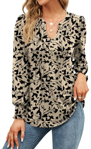 EFFAN Women's Floral Printed V-Neck Puff Sleeve Tunic Blouse T-Shirt