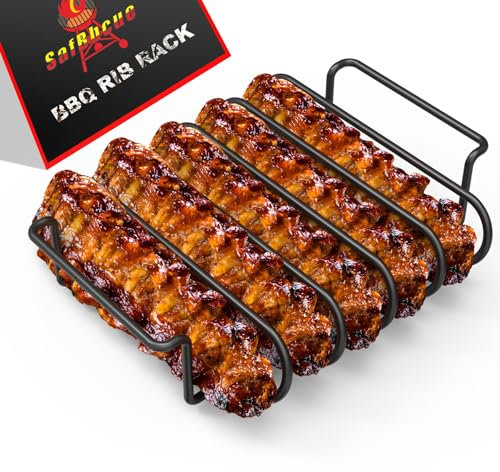SafBbcue BBQ Rib Racks for Smoking, Gas Smoker or Charcoal Grill, Sturdy & Non-Stick Rib Rack Holder for Grilling, Holds Up to 5 Baby Back Ribs, Premium Grill Accessories & Barbecue Gifts for Men