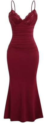 GORGLITTER Women's Lace Ruched Bodycon Maxi Dresses Cocktail Evening Dress | Spaghetti Straps, V Neck, Party Pencil Long Dress, Wedding Guest Dresses, Prom, Dinner, Formal Dress
