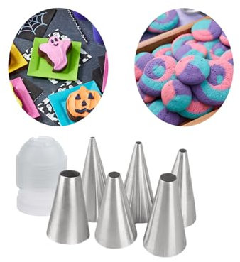 Round Piping Nozzles Set with Coupler- Stainless Steel Plain Icing Nozzles in 6 Sizes for Macarons,Writing,Royal Icing,Cookie and Cake Decorating