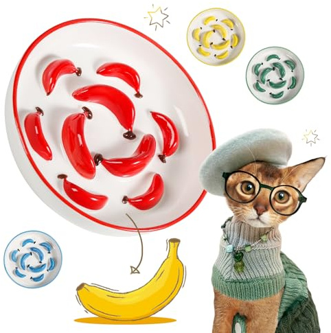 Gamelle pour Chat Anti-Glouton en Céramique - Bol d’Alimentation Lente avec Labyrinthe Anti-Vomissement - Couleurs Vives - Rouge - 16 x 3 cm | Slow Eating Lot de 5 gamelles anti-vomissements peu profondes pour nourriture sèche et humide Couleurs contrastées 16 x 3 cm