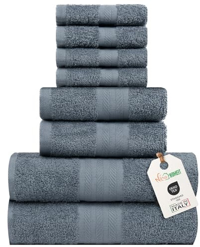 nice homeit Handtuch-Set, mittelgroß, aus 100% Baumwolle, 8 Stück, hergestellt in Italien, extra weich, saugfähig, 2 Handtücher + 2 Gästetücher + 4 Waschlappen (Dunkelgrau)