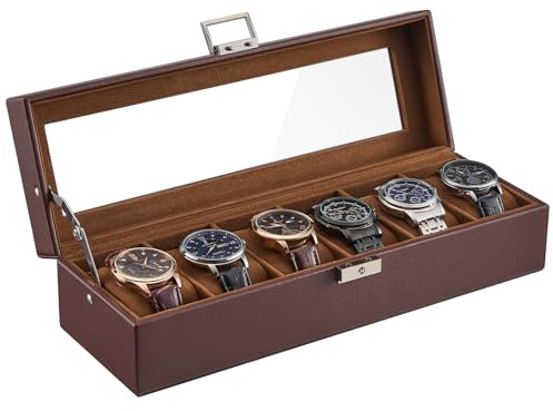 ProCase Boîte Montre à 6 Emplacements, Range Montre Doté d'Une Serrure à Clé Sécurisée, Organiseur Montre Voyage en PU Cuir, contre la Poussière et les Rayures -Marron