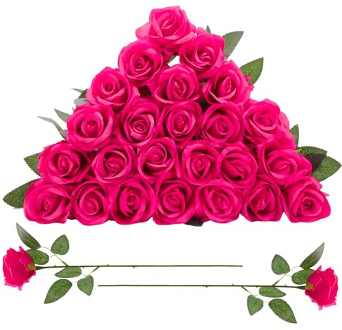 Xialvyu 24 Stück Künstliche Rosen, 51 cm Langer Stängel Künstliche Pink Rosen, Realistische Kunstrosen für Hochzeitsramos, Heimdekoration, Muttertagsgeschenk, Hotel und Garten Dekorationen(Rosa)