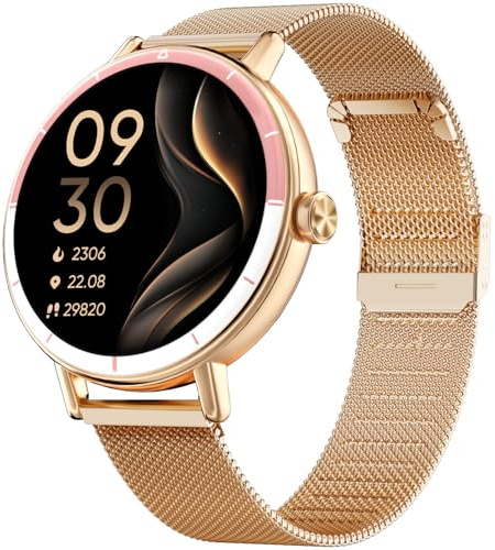 TOOBUR Reloj Inteligente Mujer Redondo con Dos Correas, Smartwatch Deportivo Que Cuenta Pasos y Calorías, Compatible con Android e iOS, Responder y Realizar Llamadas, Pantalla Táctil HD, Oro Rosa