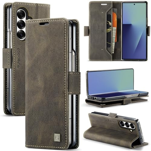 EYZUTAK Wallet Case for Samsung Galaxy Z Fold 7, Retro Matte Premium Protective Leather Case 2 Card Cash Slot with RFID Blocking View Stand Magnetic Closure TPU Shell Flip Cover - Coffee