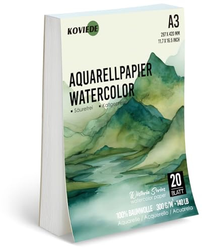 KOVIEDE 100 % bomull akvarellpapper A3, 20 ark 300 g/m² akvarellblock, akvarellpapper för vattenfärger, akvarell skissbok, akvarell papper för studenter, nybörjare, skissbok akvarell