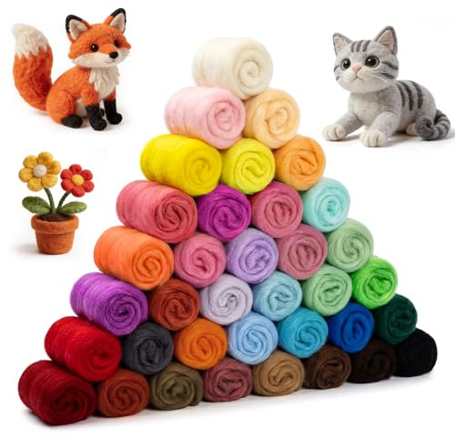 Acsatont Laine à Feutrer Set 36 Couleurs,Set Feutre Naturel Débutant Cardée,Cardée Feutrée Marqueur Tricot 144g,Laine de Conte de Fées pour Feutrage