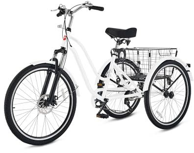 VIRIBUS Tricycle for Adults with Front Suspension, 7 Speed Adult Tricycle with Removable Wheeled Rear Basket, 3 Wheel Bikes for Seniors Women Obese Men, Three Wheel Bicycle, 400 lb. 26 inch White