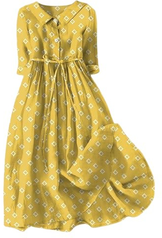Robe de style coréen pour femme - Robe midi d'été à manches mi-longues - Robe trapèze tendance