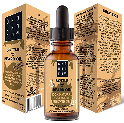 Grounded Bottle 'O' Beard Oil - 50ml Large | 100% Natural Rum Punch Essential Oil Scent | Premium Caffeinated Growth & Conditioning For Thicker, Softer & Stronger Looking Hair | Serum Kit For Men