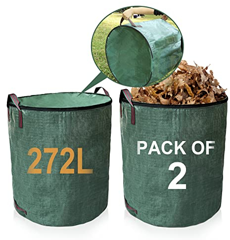 losolese Lot de 2 grands sacs à déchets de jardin avec couvercle et fermeture éclair, 272 L, imperméables et résistants, avec poignées, pliables et réutilisables, vert