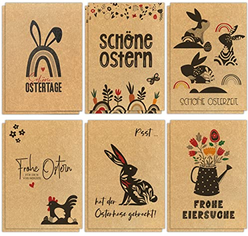 TOBJA Osterkarten 12er Set - Hochwertige Oster Postkarten in 6 Variationen | Original Kraftpapier Grußkarten DIN A6 (Ostern)