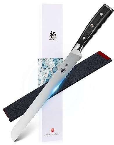 KYOKU 10 Serrated Bread Knife, Samurai Series Serrated Knife for Homemade Bread Pastries with Pakkawood Handle, Japanese Style High Carbon Steel Cake Knife, Full Tang Bread Knife with Sheath & Case
