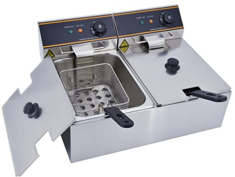 MOOTACO Friteuse électrique Inox Double Réservoir Amovible Professionnelle commerciale Thermostat 60-200 °C, 6L+6L Huile, 2 paniers, 6000W