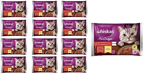 Whiskas Adult 1+ Katzenfutter Pure Delight Geflügel in Gelee mit Rind und Huhn, 52 Portionsbeutel, 13x4x85g, Hochwertiges Nassfutter für ausgewachsene Katzen
