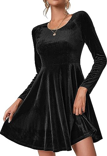Zeagoo Robe de Soiree Femme Chic et Elegant Robe de Bal Élégante Velours Robe Manches Longues Robe Cocktail Col Rond Robe de fête Moulante Noir M