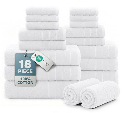 CASA PLATINO 100% Cotton Bath Towel Set 18 Pc - Super Soft, Absorbent & Quick Dry - 6 Bath, 6 Washcloths, 6 Hand Towels for Bathroom - Hotel Quality Turkish Towels, Ideal for Spa, Gym & Travel - White