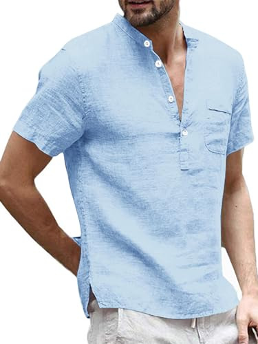 Runcati Henley - Camicia da uomo in lino, a maniche corte, per il tempo libero, estiva, per uomo