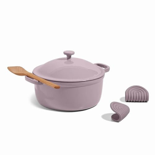 Our Place Cast Iron Perfect Pot | 6-in-1 Multifunctional 5.5 Qt. Toxin-Free Enameled Dutch Oven with Self-Basting Lid | Hot Grips & Beechwood Scraper | Induction Cooktop and Oven Safe | Lavender