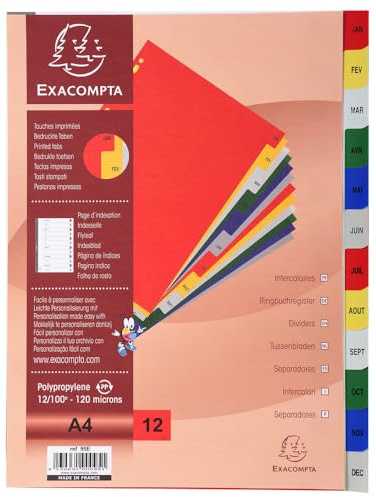Exacompta - Ref. 95E - Karton mit 20 Registern aus Polypropylen mit 12 monatlich bedruckten Registern von Januar bis Dezember in Farbe - Indexseite bedruckbar - für A4 - Maße 22,5 x 29,7 cm