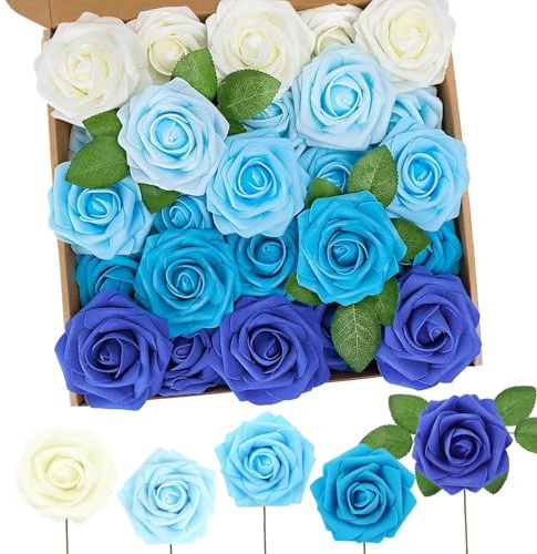 N&T NIETING Artificial Flowers Roses, 50pcs Real Touch Fake Roses with Stems Blue Flower for DIY Wedding Bridal Bouquets Centerpieces, Baby Shower Party, Home Decoration(Series Blue)