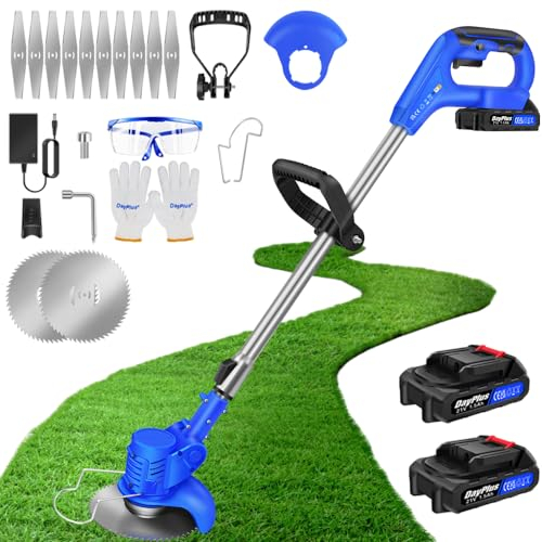 21V Akku Rasentrimmer mit Akku Freischneider Elektrischer Akku Motorsense Rasentrimmer Mit 2 Batterien, Metall Messer, Elektro-Trimmer Garten Rasen Unkraut Trimmer Gartenkantenfräser für Garten, Hof