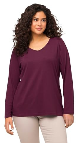 Ulla Popken Damen Shirt, Slim, V-Ausschnitt, Langarm, Dunkle Beere, 42-44 EU