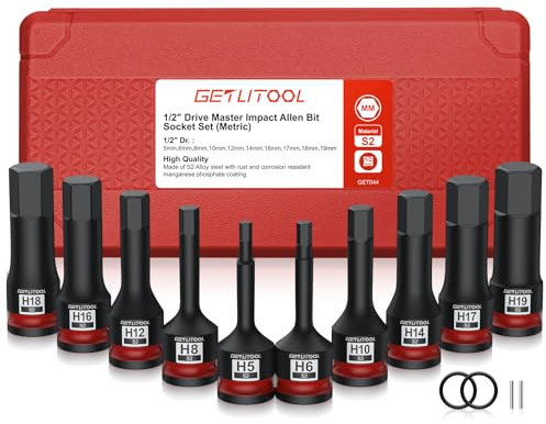 GETLITOOL 10 Vaso Hexagonal de lmpacto tipo llaves Allen para Llave Impacto, 5mm-19mm Acero S2 con Tamaño Marcado y Caja de almacenamiento para reparación de Automóviles, Mantenimiento