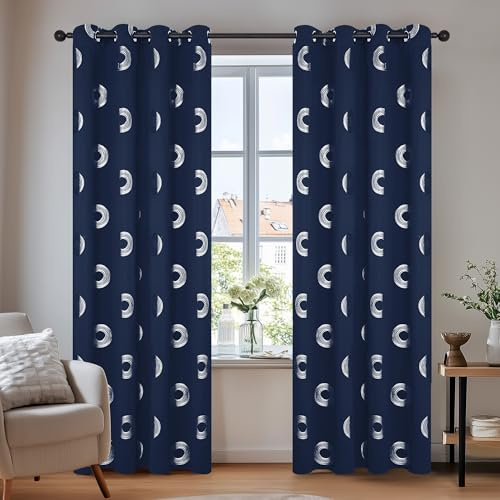 Deconovo Rideaux occultants imprimés à Motifs Cercles, prêts à Poser, avec œillets, Thermiques et isolants pour fenêtres, Rideaux pour Chambre à Coucher ou Salon (2 Panneaux). Bleu Marine 140×290CM