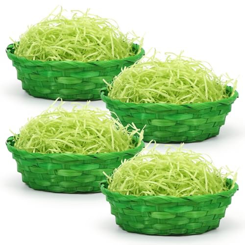 Epokus Cestini di Pasqua con Erba Decorativa, 4 Pezzi Cestino Pasqua da Riempire, Erba di Pasqua Verde, Cestini di Pasqua in Vimini, Nidi di Pasqua Cesto Tessitura per Decorazione Uovo Pasqua