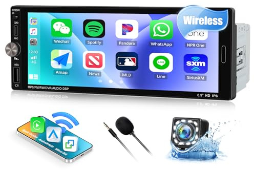 CAMECHO 1 DIN Radio 6.9 Pulgadas Wireless Carplay HD IPS Touchscreen Bluetooth 5.2 Car Radio with Android Auto FM Mirror Link EQ Sound Steering Wheel Control +Cámara Trasera, USB Type-c Port