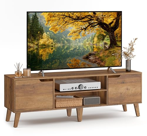 VASAGLE TV-Schrank, Lowboard, Fernsehschrank mit Verstellbarer Ablage, für Fernseher bis zu 65 Zoll, 147 cm lang, Übergangsstil, Fernsehtisch, Wohnzimmer, honigbraun LTV556K01