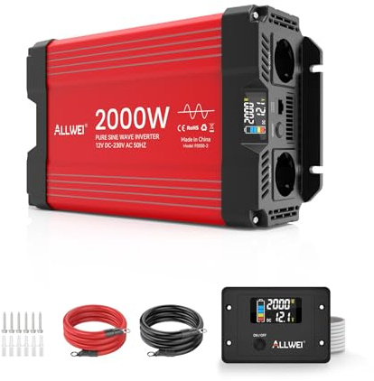 ALLWEI Invertitore sinusoidale puro da 2000 W, 12 V a 230 V, per casa, camper, camion, impianti solari indipendenti dalla rete, inverter, 12 V, 220 V, potenza di picco 4000 W