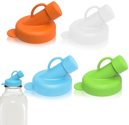 Uqingo 4PCS Milk Bottle Tops, 48mm Diameter Reusable Silicone Bottle Tops for Glass Milk Bottles, Leakproof Milk Dispenser Tops Caps Pour Spout Lids Easy to Clean (Green, White, Blue, Orange)