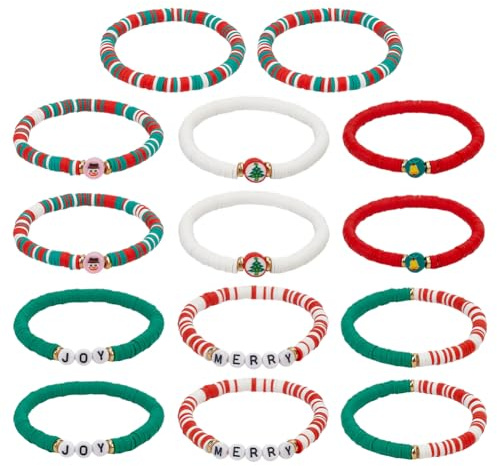 CRAFTYMELODY 14 Conjunto de Pulseras de Navidad de 7 estilos Pulseras Heishi Surfista Pulseras Extensibles de Perlas Heishi de Arcilla Polímero Tema de Navidad