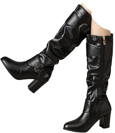 Botas hasta la rodilla para mujer, de piel fruncida, puntera redonda, tacón medio grueso, media pantorrilla, con cremallera lateral, retro, elegantes, impermeables, elegantes, zapatos de viaje para