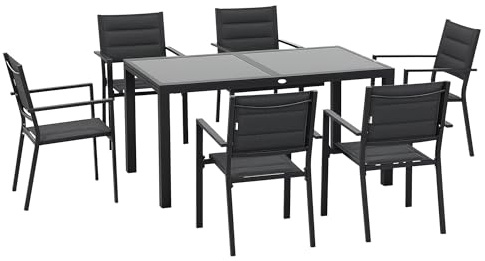 Outsunny Set Tavolo e Sedie da Giardino 7 Pezzi, Set Pranzo Esterno Struttura in Alluminio con Tavolo Rettangolare Allungabile 150-210 cm, 6 Sedie Impilabili in Texteline, per Balcone, Grigio Scuro