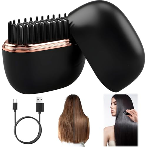 Brosse Lissante Sans Fil 2 en 1, Peigne Chauffant Portable à 3 Températures (160-200°C), Anti-Brûlure, Idéale pour Cheveux Lisses ou Bouclés, Mini Lisseur Chauffant pour Tous Types de Cheveux (Noir)
