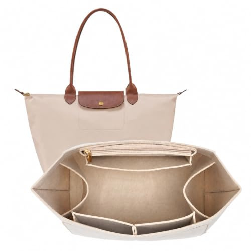 Organisateur de sac compatible avec sac Longchamp Le Pliage L, organisateur en feutre multi-poches, bag organizer et insert intérieur pratique pour femme, spacieux pour accessoires du quotidien, beige