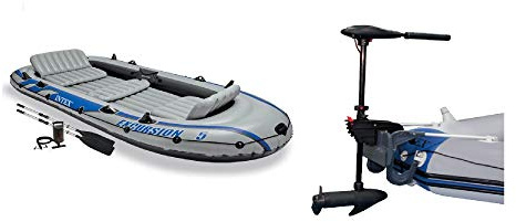 Intex Excursion 5 Inflatable 5 Person Boat and Accessories Set for Outdoor Fishing and Boating Bundled with 8 Speed Transom Mount Trolling Motor