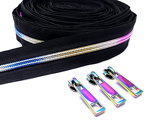 Goyunwell #5 Black Rainbow Zipper Tape Zippers by The Yard 10 Yard with 15pcs Colorful Zipper Pulls and Teeth for Sewing Purse Bag Backpacks Tent Easy Replacement