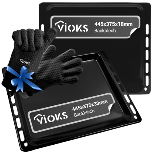 VIOKS Backofen 2x Backblech 445 x 375 Emailliert Ersatz für Bauknecht 481241838128 Blech mit 2 Silikon Ofenhandschuhe Grillhandschuhe für Herd Ofen