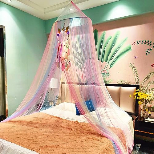 Princess Rainbow Bed Canopy with Unicorn Dream Catcher | Lights, Eimilaly Bed Canopy for Girls Room Decor or Unicorn Theme Party