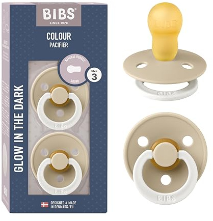 BIBS Colour Night Glow in the Dark Soother 2-Pack, BPA Free Dummy Pacifier, Round Nipple. Natural Rubber Latex, Made in Denmark, Size 3 (18+ Months), Vanilla Glow