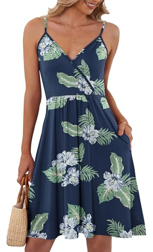 AUSELILY Womens Summer Dress V Neck Casual Beach Spaghetti Strap Dresses for Women UK with Pockets Navy Blue Flowers M