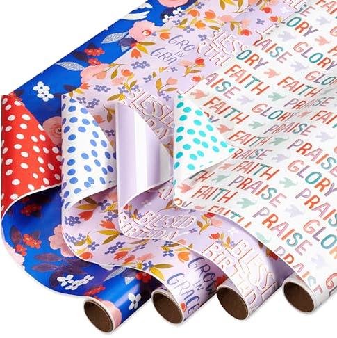 American Greetings 160 m². Wendbares religiöses Geschenkpapier-Set für Hochzeiten, Erstkommunionen und Taufen – entworfen von Kathy Davis, weiße Tauben, florale, religiöse Schrift (4 Rollen, 76,2 cm x