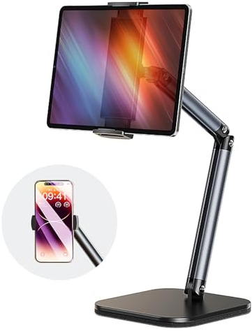 PUJUDODA Tablet Halterung,iPad Halterung Tisch mit Einstellbarer Höhe und Winkel, Klappbarer Tablet Ständer für Smartphones, iPhones, iPads,Tablets(4-12.9)