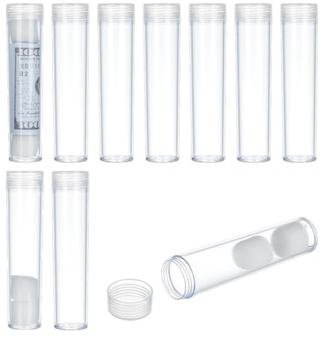 FINGERINSPIRE 10 Stück Runde Durchsichtige Münzaufbewahrungsröhre 23mm Innendurchmesser Kunststoffröhre Für Münzen Und Papiergeld Mit Aufschraubbarem Deckel Münzhalter Behälter Für Banknoten Münzen